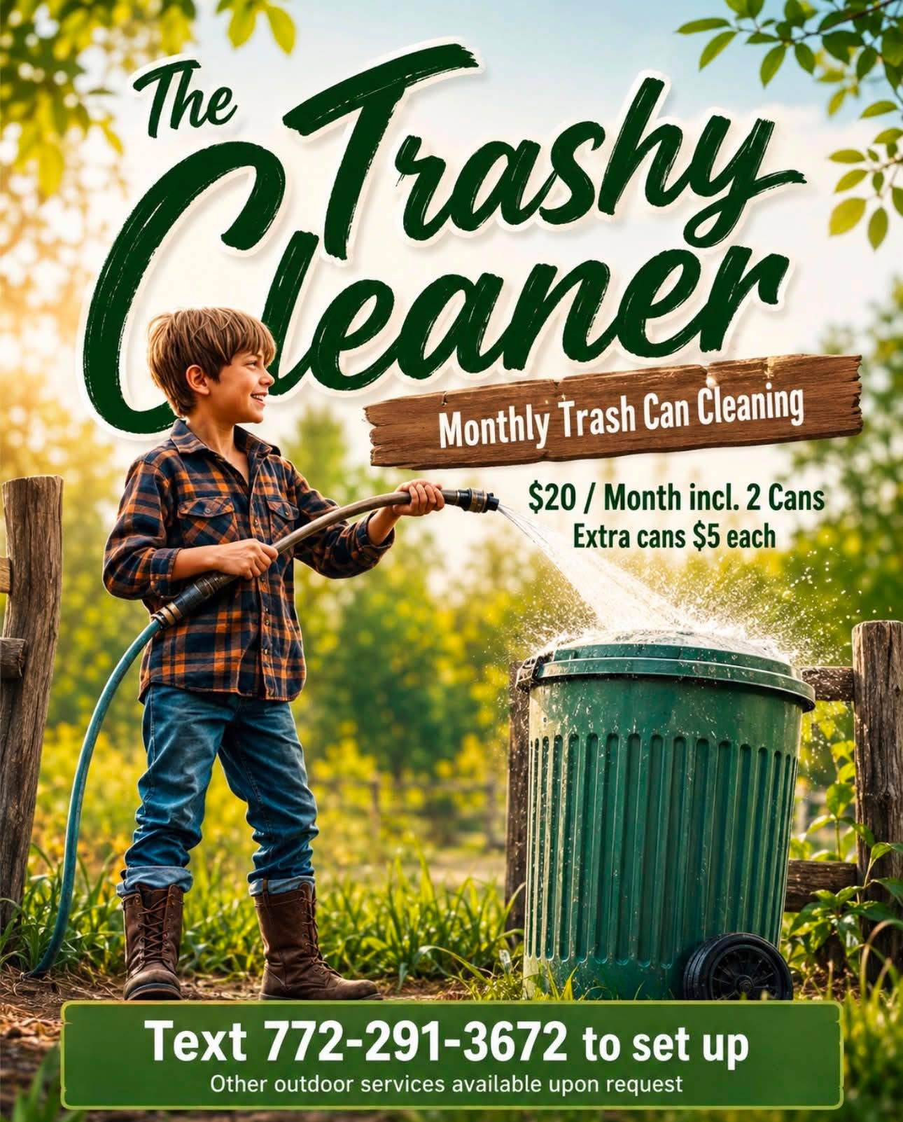 A smiling kid in Port St. Lucie spraying a green trash can clean with a garden hose — The Trashy Cleaner monthly service flyer
